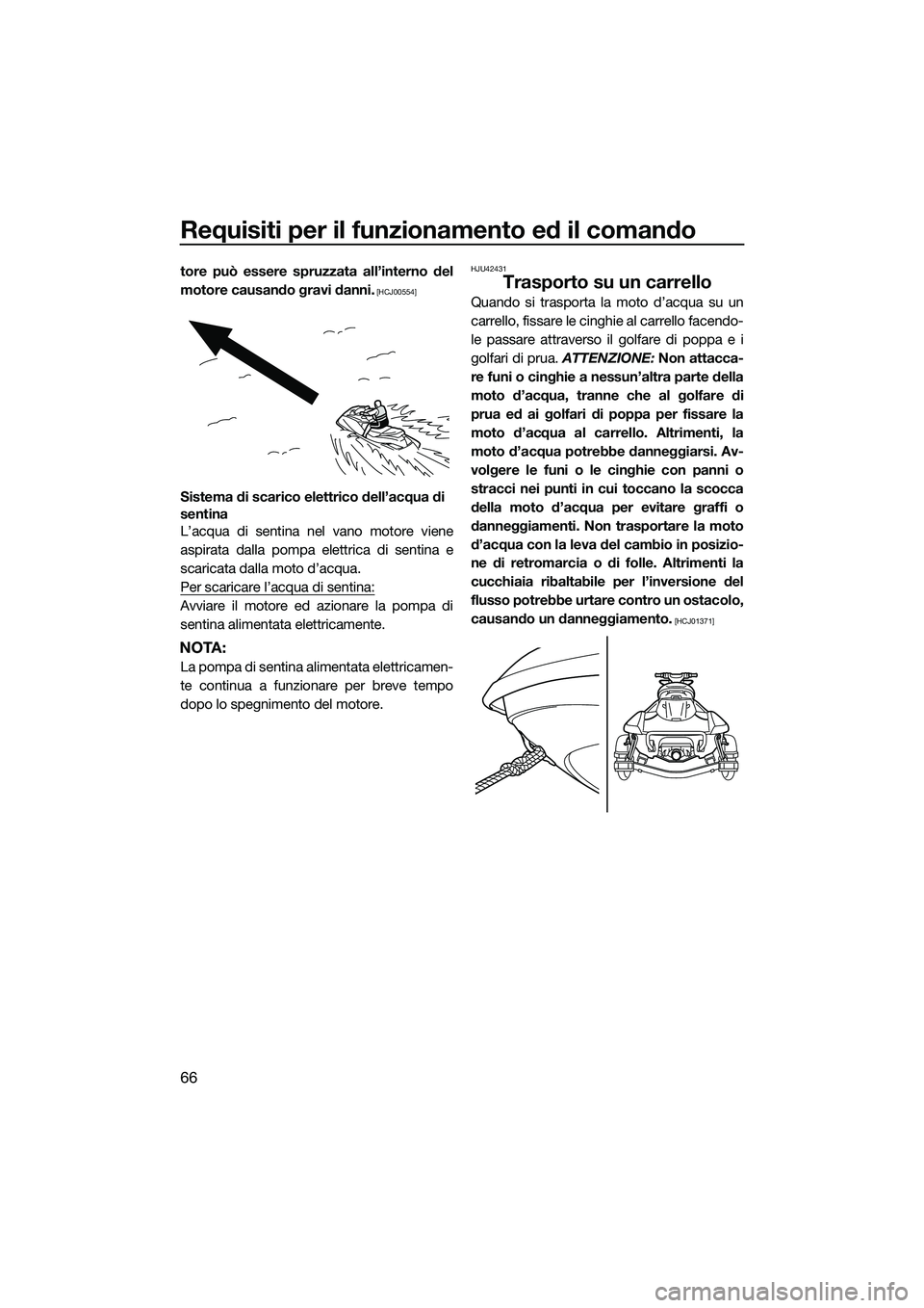 YAMAHA FX SVHO 2014  Manuale duso (in Italian) Requisiti per il funzionamento ed il comando
66
tore può essere spruzzata all’interno del
motore causando gravi danni.
 [HCJ00554]
Sistema di scarico elettrico dell’acqua di 
sentina
L’acqua di