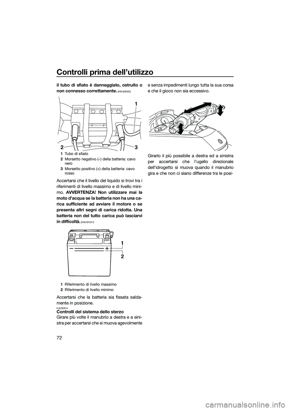 YAMAHA FX SVHO 2014  Manuale duso (in Italian) Controlli prima dell’utilizzo
72
il tubo di sfiato è danneggiato, ostruito o
non connesso correttamente.
 [HWJ00452]
Accertarsi che il livello del liquido si trovi tra i
riferimenti di livello mass