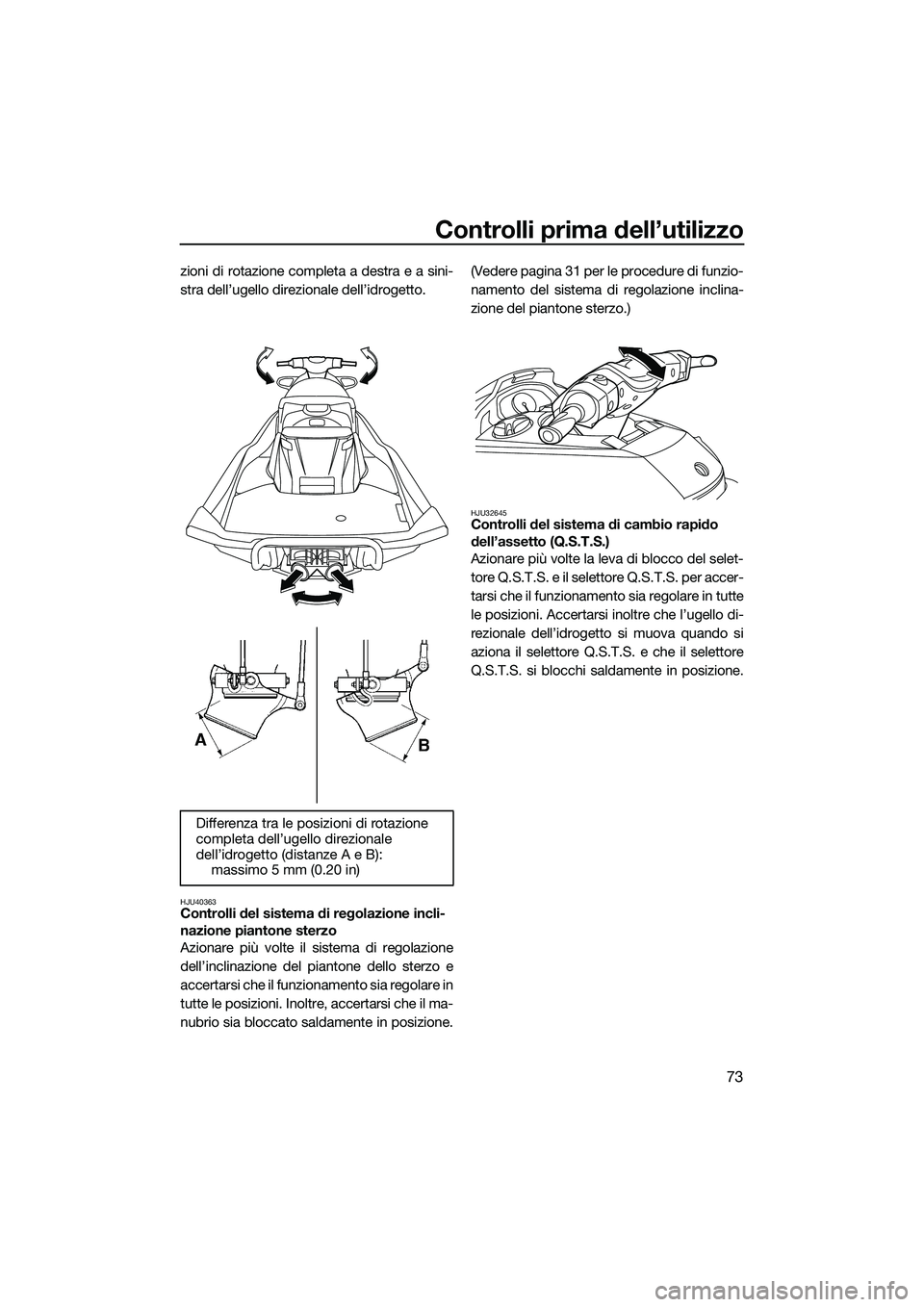 YAMAHA FX SVHO 2014 Manuale duso (in Italian) Controlli prima dell’utilizzo
73
zioni di rotazione completa a destra e a sini-
stra dell’ugello direzionale dell’idrogetto.
HJU40363Controlli del sistema di regolazione incli-
nazione piantone YAMAHA FX SVHO 2014 Manuale duso (in Italian) Controlli prima dell’utilizzo
73
zioni di rotazione completa a destra e a sini-
stra dell’ugello direzionale dell’idrogetto.
HJU40363Controlli del sistema di regolazione incli-
nazione piantone