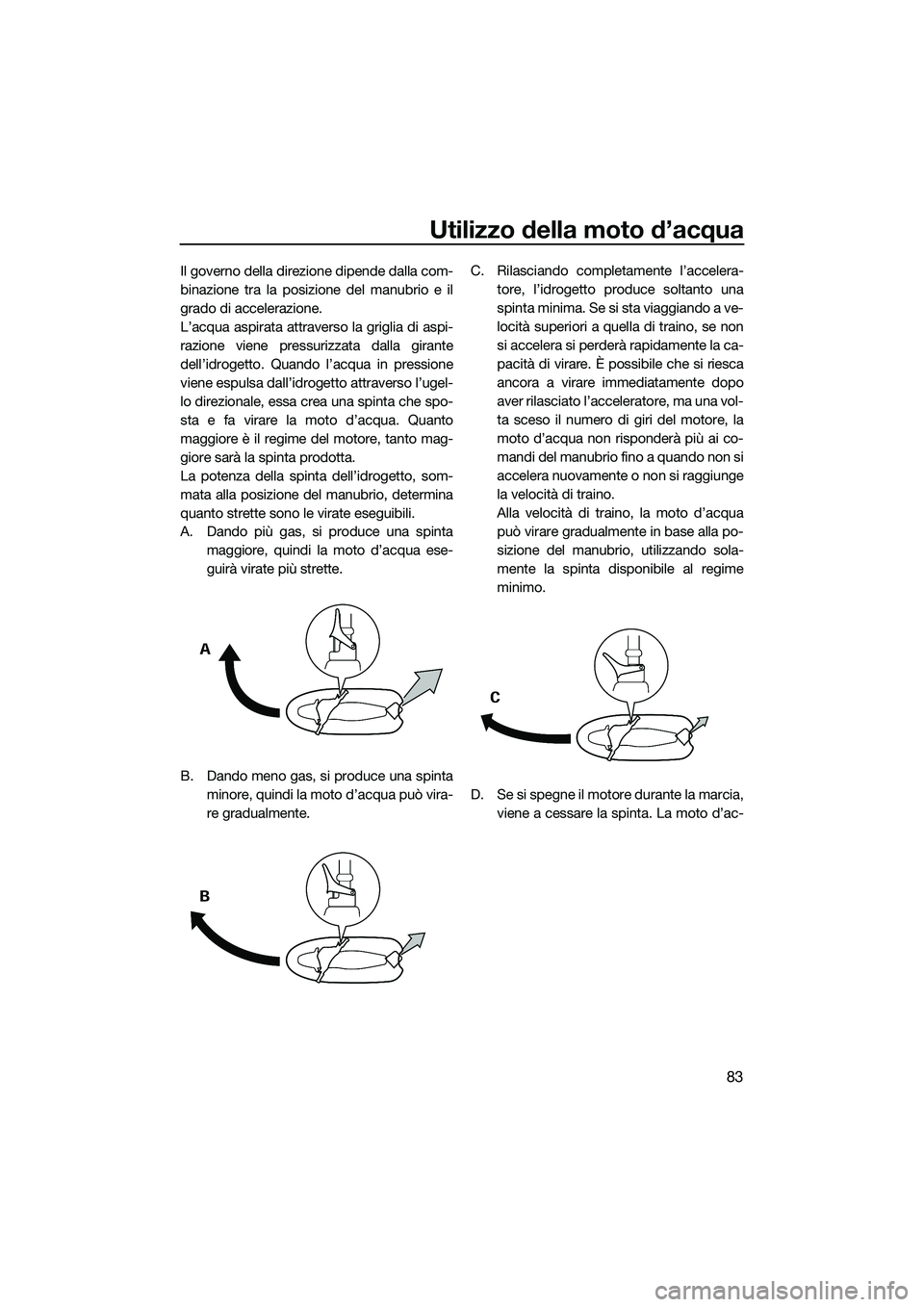 YAMAHA FX SVHO 2014  Manuale duso (in Italian) Utilizzo della moto d’acqua
83
Il governo della direzione dipende dalla com-
binazione tra la posizione del manubrio e il
grado di accelerazione.
L’acqua aspirata attraverso la griglia di aspi-
ra