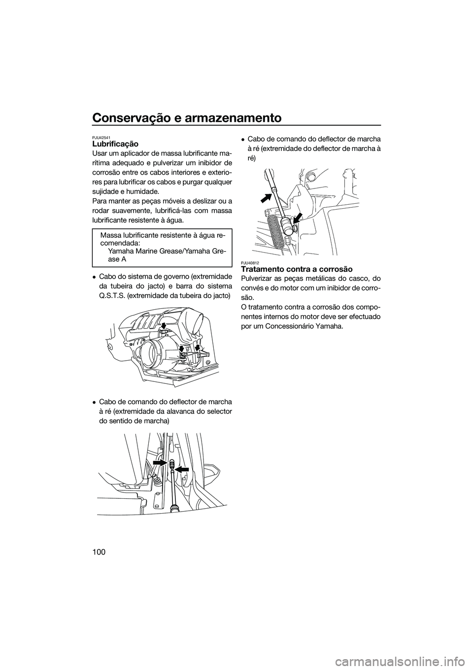 YAMAHA FX SVHO 2014 Manual de utilização (in Portuguese) Conservação e armazenamento
100
PJU42541Lubrificação
Usar um aplicador de massa lubrificante ma-
rítima adequado e pulverizar um inibidor de
corrosão entre os cabos interiores e exterio-
res par YAMAHA FX SVHO 2014 Manual de utilização (in Portuguese) Conservação e armazenamento
100
PJU42541Lubrificação
Usar um aplicador de massa lubrificante ma-
rítima adequado e pulverizar um inibidor de
corrosão entre os cabos interiores e exterio-
res par