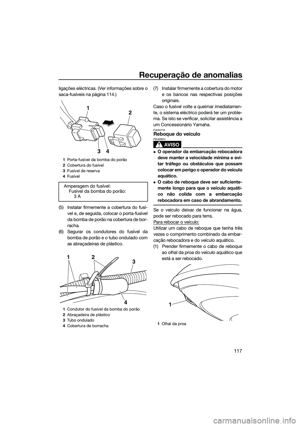 YAMAHA FX SVHO 2014  Manual de utilização (in Portuguese) Recuperação de anomalias
117
ligações eléctricas. (Ver informações sobre o
saca-fusíveis na página 114.)
(5) Instalar firmemente a cobertura do fusí-vel e, de seguida, colocar o porta-fusív