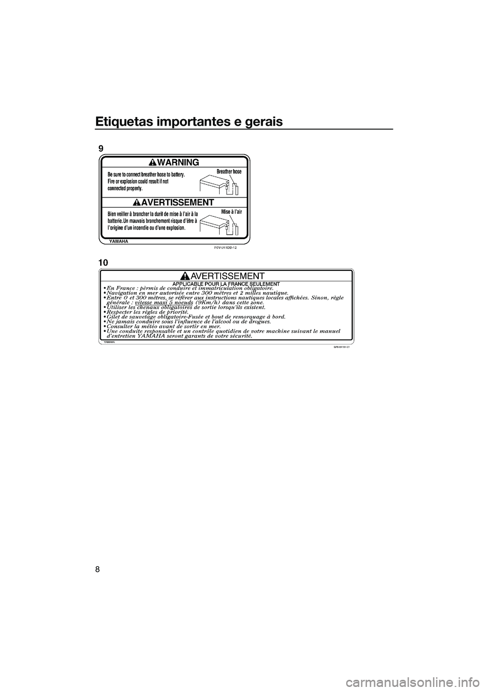 YAMAHA FX SVHO 2014 Manual de utilização (in Portuguese) Etiquetas importantes e gerais
8
UF3J70P0.book Page 8 Wednesday, October 9, 2013 8:42 AM YAMAHA FX SVHO 2014 Manual de utilização (in Portuguese) Etiquetas importantes e gerais
8
UF3J70P0.book Page 8 Wednesday, October 9, 2013 8:42 AM