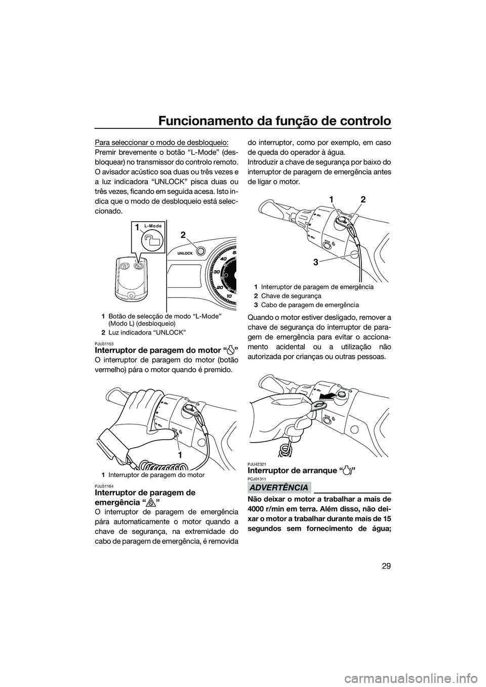YAMAHA FX SVHO 2014 Manual de utilização (in Portuguese) Funcionamento da função de controlo
29
Para seleccionar o modo de desbloqueio:
Premir brevemente o botão “L-Mode” (des-
bloquear) no transmissor do controlo remoto.
O avisador acústico soa dua YAMAHA FX SVHO 2014 Manual de utilização (in Portuguese) Funcionamento da função de controlo
29
Para seleccionar o modo de desbloqueio:
Premir brevemente o botão “L-Mode” (des-
bloquear) no transmissor do controlo remoto.
O avisador acústico soa dua