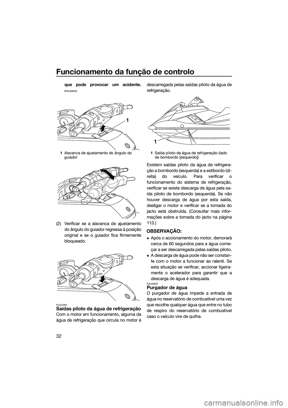 YAMAHA FX SVHO 2014  Manual de utilização (in Portuguese) Funcionamento da função de controlo
32
que pode provocar um acidente.
[PWJ00042]
(2) Verificar se a alavanca de ajustamentodo ângulo do guiador regressa à posição
original e se o guiador fica fi
