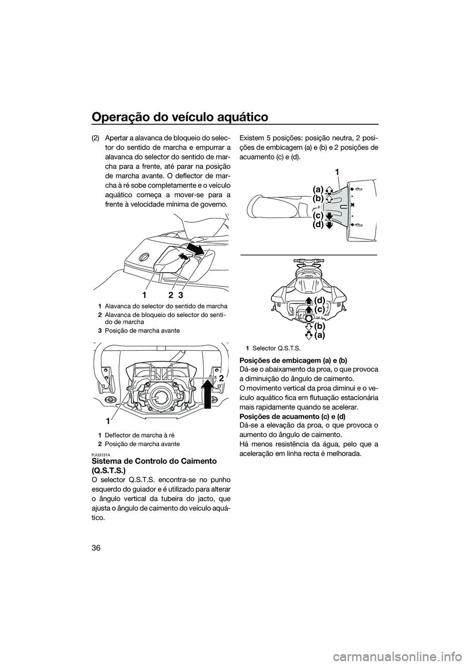 YAMAHA FX SVHO 2014 Manual de utilização (in Portuguese) Operação do veículo aquático
36
(2) Apertar a alavanca de bloqueio do selec-tor do sentido de marcha e empurrar a
alavanca do selector do sentido de mar-
cha para a frente, até parar na posição YAMAHA FX SVHO 2014 Manual de utilização (in Portuguese) Operação do veículo aquático
36
(2) Apertar a alavanca de bloqueio do selec-tor do sentido de marcha e empurrar a
alavanca do selector do sentido de mar-
cha para a frente, até parar na posição