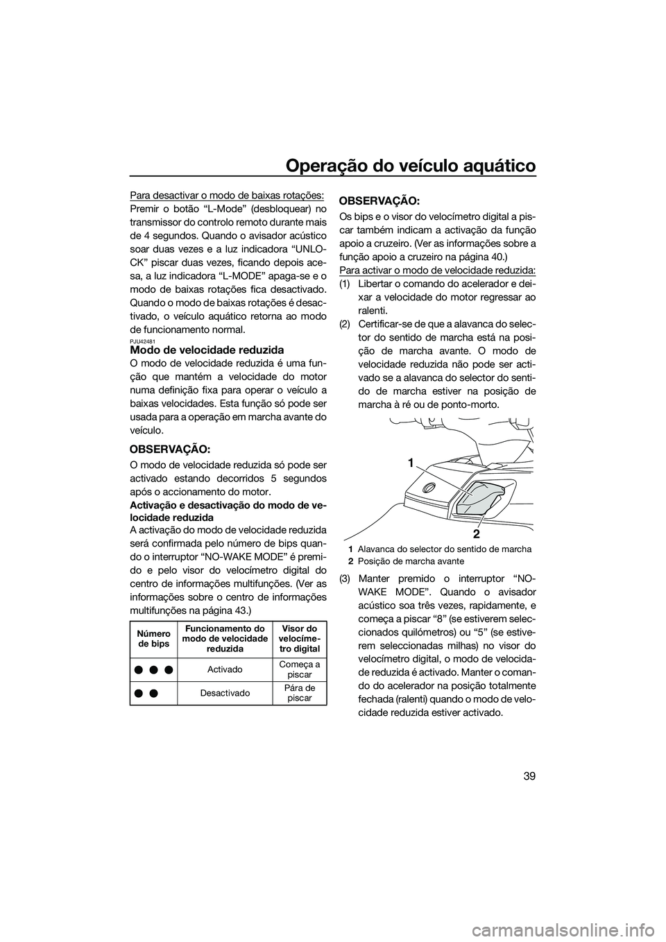 YAMAHA FX SVHO 2014 Manual de utilização (in Portuguese) Operação do veículo aquático
39
Para desactivar o modo de baixas rotações:
Premir o botão “L-Mode” (desbloquear) no
transmissor do controlo remoto durante mais
de 4 segundos. Quando o avisa YAMAHA FX SVHO 2014 Manual de utilização (in Portuguese) Operação do veículo aquático
39
Para desactivar o modo de baixas rotações:
Premir o botão “L-Mode” (desbloquear) no
transmissor do controlo remoto durante mais
de 4 segundos. Quando o avisa