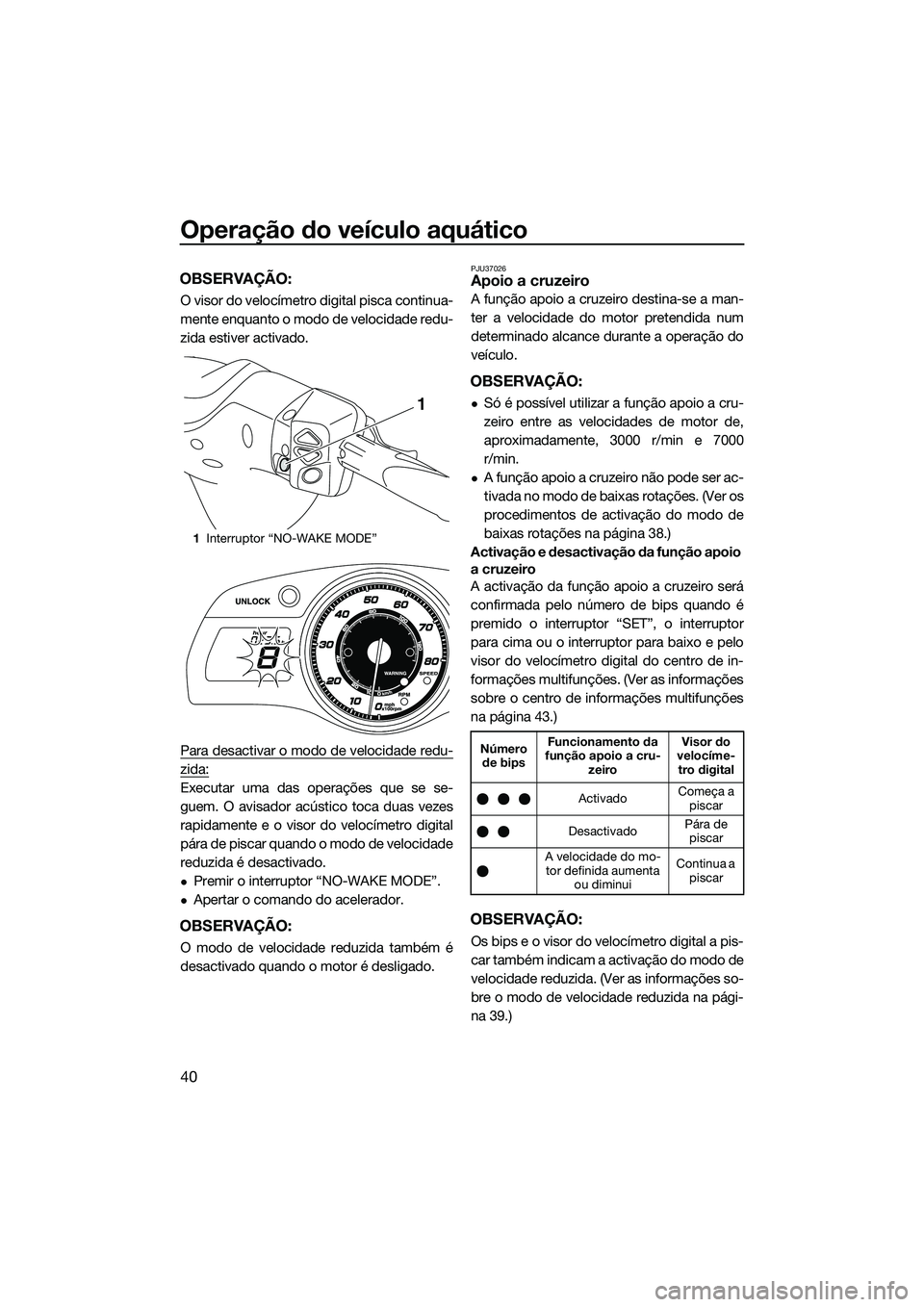 YAMAHA FX SVHO 2014 Manual de utilização (in Portuguese) Operação do veículo aquático
40
OBSERVAÇÃO:
O visor do velocímetro digital pisca continua-
mente enquanto o modo de velocidade redu-
zida estiver activado.
Para desactivar o modo de velocidade YAMAHA FX SVHO 2014 Manual de utilização (in Portuguese) Operação do veículo aquático
40
OBSERVAÇÃO:
O visor do velocímetro digital pisca continua-
mente enquanto o modo de velocidade redu-
zida estiver activado.
Para desactivar o modo de velocidade