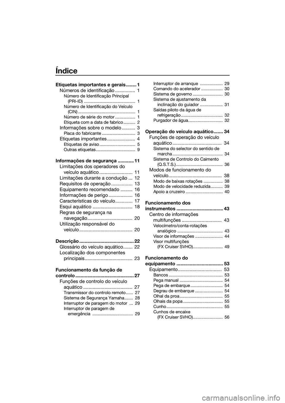 YAMAHA FX SVHO 2014 Manual de utilização (in Portuguese) Índice
Etiquetas importantes e gerais ........ 1Números de identificação ............... 1
Número de Identificação Principal
(PRI-ID) ........................................... 1
Número de YAMAHA FX SVHO 2014 Manual de utilização (in Portuguese) Índice
Etiquetas importantes e gerais ........ 1Números de identificação ............... 1
Número de Identificação Principal
(PRI-ID) ........................................... 1
Número de
