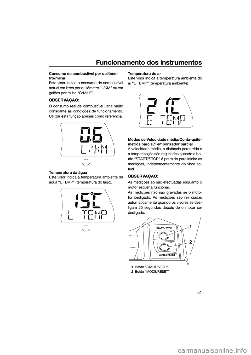 YAMAHA FX SVHO 2014  Manual de utilização (in Portuguese) Funcionamento dos instrumentos
51
Consumo de combustível por quilóme-
tro/milha
Este visor indica o consumo de combustível
actual em litros por quilómetro “L/KM” ou em
galões por milha “G/M