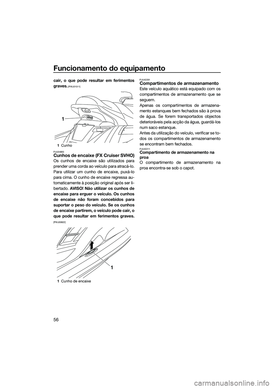YAMAHA FX SVHO 2014  Manual de utilização (in Portuguese) Funcionamento do equipamento
56
cair, o que pode resultar em ferimentos
graves.
 [PWJ01511]
PJU34893
Cunhos de encaixe (FX Cruiser SVHO)
Os cunhos de encaixe são utilizados para
prender uma corda ao 