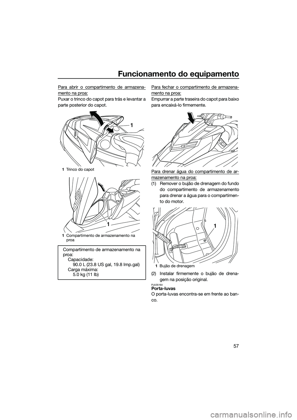 YAMAHA FX SVHO 2014 Manual de utilização (in Portuguese) Funcionamento do equipamento
57
Para abrir o compartimento de armazena-
mento na proa:
Puxar o trinco do capot para trás e levantar a
parte posterior do capot.Para fechar o compartimento de armazena- YAMAHA FX SVHO 2014 Manual de utilização (in Portuguese) Funcionamento do equipamento
57
Para abrir o compartimento de armazena-
mento na proa:
Puxar o trinco do capot para trás e levantar a
parte posterior do capot.Para fechar o compartimento de armazena-