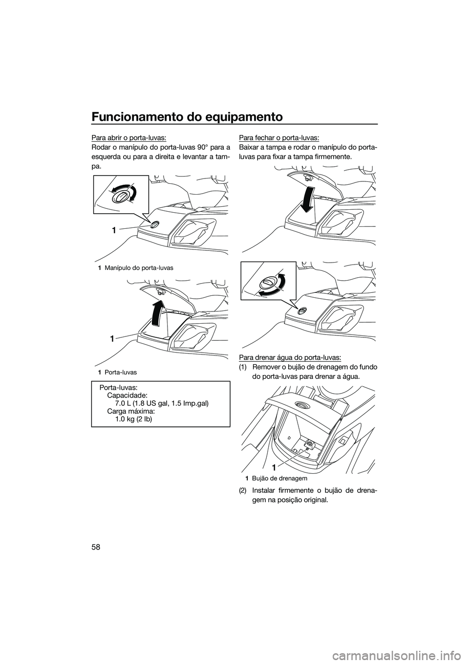 YAMAHA FX SVHO 2014 Manual de utilização (in Portuguese) Funcionamento do equipamento
58
Para abrir o porta-luvas:
Rodar o manípulo do porta-luvas 90° para a
esquerda ou para a direita e levantar a tam-
pa.Para fechar o porta-luvas:Baixar a tampa e rodar YAMAHA FX SVHO 2014 Manual de utilização (in Portuguese) Funcionamento do equipamento
58
Para abrir o porta-luvas:
Rodar o manípulo do porta-luvas 90° para a
esquerda ou para a direita e levantar a tam-
pa.Para fechar o porta-luvas:Baixar a tampa e rodar
