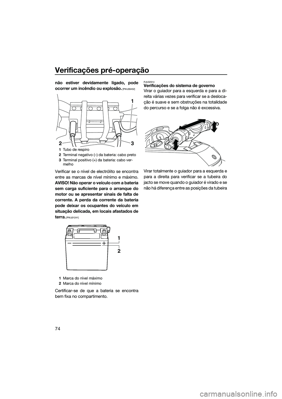 YAMAHA FX SVHO 2014  Manual de utilização (in Portuguese) Verificações pré-operação
74
não estiver devidamente ligado, pode
ocorrer um incêndio ou explosão.
 [PWJ00452]
Verificar se o nível de electrólito se encontra
entre as marcas de nível míni