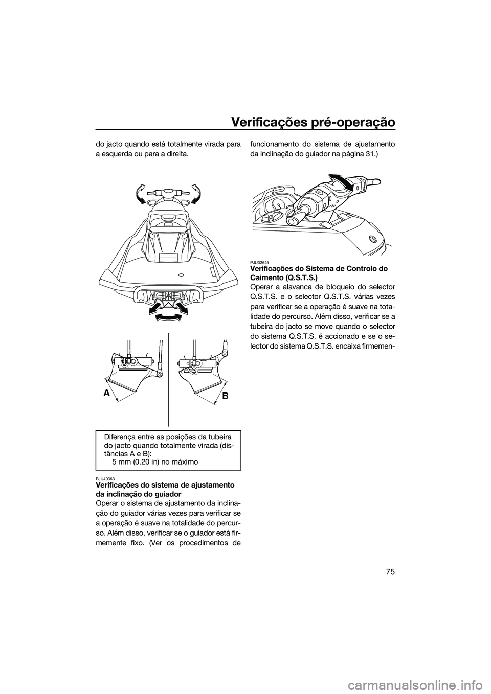 YAMAHA FX SVHO 2014 Manual de utilização (in Portuguese) Verificações pré-operação
75
do jacto quando está totalmente virada para
a esquerda ou para a direita.
PJU40363Verificações do sistema de ajustamento
da inclinação do guiador
Operar o siste YAMAHA FX SVHO 2014 Manual de utilização (in Portuguese) Verificações pré-operação
75
do jacto quando está totalmente virada para
a esquerda ou para a direita.
PJU40363Verificações do sistema de ajustamento
da inclinação do guiador
Operar o siste