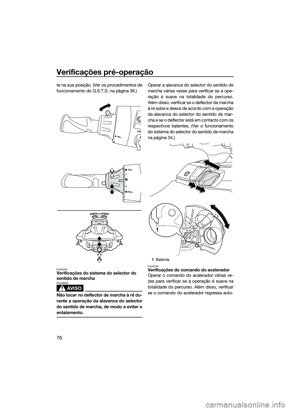 YAMAHA FX SVHO 2014 Manual de utilização (in Portuguese) Verificações pré-operação
76
te na sua posição. (Ver os procedimentos de
funcionamento do Q.S.T.S. na página 36.)
PJU42421Verificações do sistema do selector do
sentido de marcha
AVISO
PWJ0 YAMAHA FX SVHO 2014 Manual de utilização (in Portuguese) Verificações pré-operação
76
te na sua posição. (Ver os procedimentos de
funcionamento do Q.S.T.S. na página 36.)
PJU42421Verificações do sistema do selector do
sentido de marcha
AVISO
PWJ0