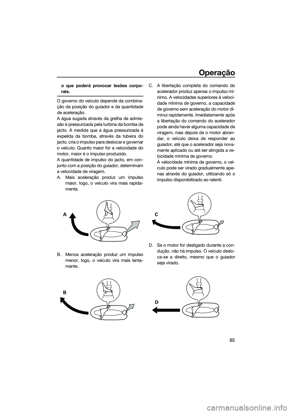 YAMAHA FX SVHO 2014 Manual de utilização (in Portuguese) Operação
85
o que poderá provocar lesões corpo-
rais.
O governo do veículo depende da combina-
ção da posição do guiador e da quantidade
de aceleração.
A água sugada através da grelha de YAMAHA FX SVHO 2014 Manual de utilização (in Portuguese) Operação
85
o que poderá provocar lesões corpo-
rais.
O governo do veículo depende da combina-
ção da posição do guiador e da quantidade
de aceleração.
A água sugada através da grelha de
