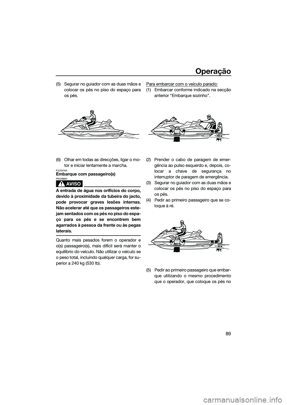 YAMAHA FX SVHO 2014 Manual de utilização (in Portuguese) Operação
89
(5) Segurar no guiador com as duas mãos ecolocar os pés no piso do espaço para
os pés.
(6) Olhar em todas as direcções, ligar o mo- tor e iniciar lentamente a marcha.
PJU3316AEmbar YAMAHA FX SVHO 2014 Manual de utilização (in Portuguese) Operação
89
(5) Segurar no guiador com as duas mãos ecolocar os pés no piso do espaço para
os pés.
(6) Olhar em todas as direcções, ligar o mo- tor e iniciar lentamente a marcha.
PJU3316AEmbar