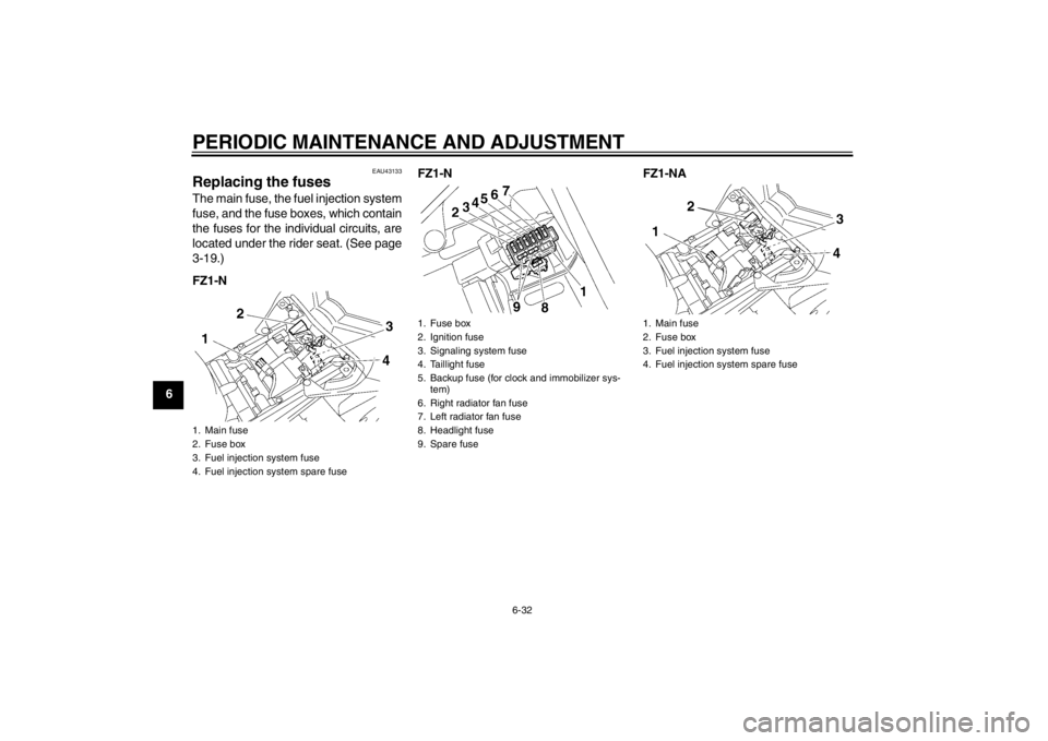 YAMAHA FZ1-N 2012 Manual Online PERIODIC MAINTENANCE AND ADJUSTMENT
6-32
6
EAU43133
Replacing the fuses The main fuse, the fuel injection system
fuse, and the fuse boxes, which contain
the fuses for the individual circuits, are
loca