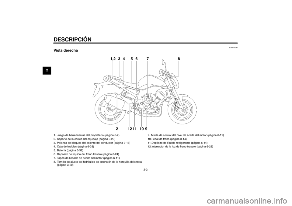 YAMAHA FZ1-N 2012  Manuale de Empleo (in Spanish) DESCRIPCIÓN
2-2
2
SAU10420
Vista derecha
1,2
3
4
5
6
79
10
11
12
2
8
1. Juego de herramientas del propietario (página 6-2)
2. Soporte de la correa del equipaje (página 3-23)
3. Palanca de bloqueo d