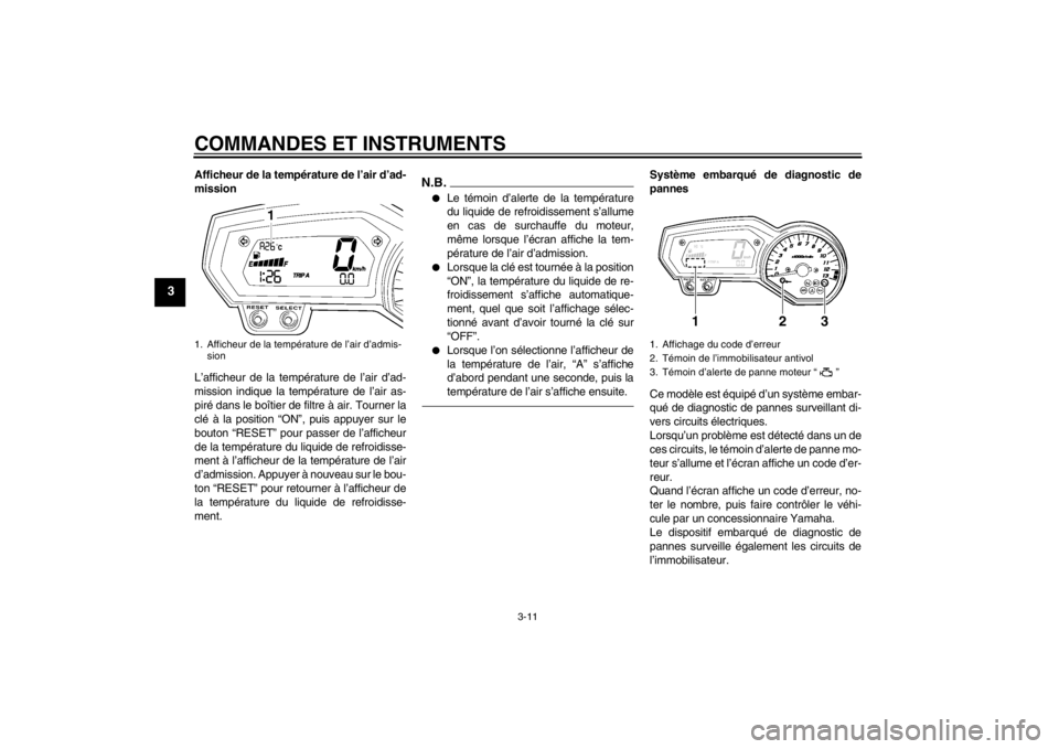 YAMAHA FZ1-N 2012  Notices Demploi (in French) COMMANDES ET INSTRUMENTS
3-11
3
Afficheur de la température de l’air d’ad-
mission
L’afficheur de la température de l’air d’ad-
mission indique la température de l’air as-
piré dans le