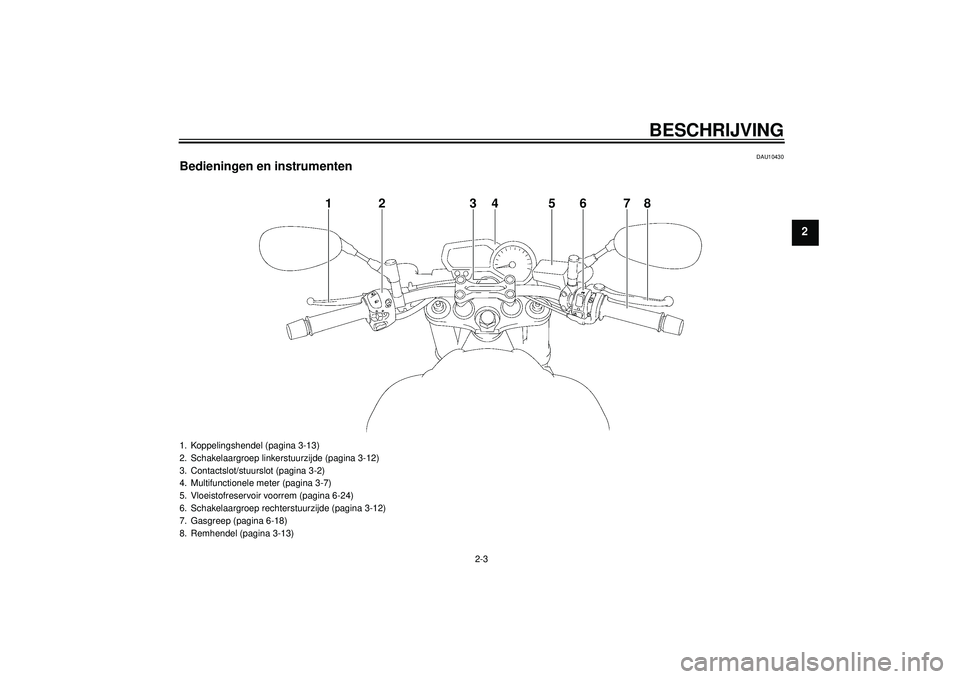 YAMAHA FZ1-N 2012 Instructieboekje (in Dutch) BESCHRIJVING
2-3
2
DAU10430
Bedieningen en instrumenten
1
2
3
4
6
5
7
8
1. Koppelingshendel (pagina 3-13)
2. Schakelaargroep linkerstuurzijde (pagina 3-12)
3. Contactslot/stuurslot (pagina 3-2)
4. Mul YAMAHA FZ1-N 2012 Instructieboekje (in Dutch) BESCHRIJVING
2-3
2
DAU10430
Bedieningen en instrumenten
1
2
3
4
6
5
7
8
1. Koppelingshendel (pagina 3-13)
2. Schakelaargroep linkerstuurzijde (pagina 3-12)
3. Contactslot/stuurslot (pagina 3-2)
4. Mul