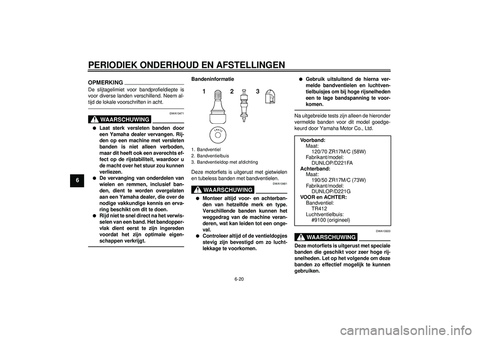 YAMAHA FZ1-N 2012 Instructieboekje (in Dutch) PERIODIEK ONDERHOUD EN AFSTELLINGEN
6-20
6
OPMERKINGDe slijtagelimiet voor bandprofieldiepte is
voor diverse landen verschillend. Neem al-
tijd de lokale voorschriften in acht.
WAARSCHUWING
DWA10471
YAMAHA FZ1-N 2012 Instructieboekje (in Dutch) PERIODIEK ONDERHOUD EN AFSTELLINGEN
6-20
6
OPMERKINGDe slijtagelimiet voor bandprofieldiepte is
voor diverse landen verschillend. Neem al-
tijd de lokale voorschriften in acht.
WAARSCHUWING
DWA10471