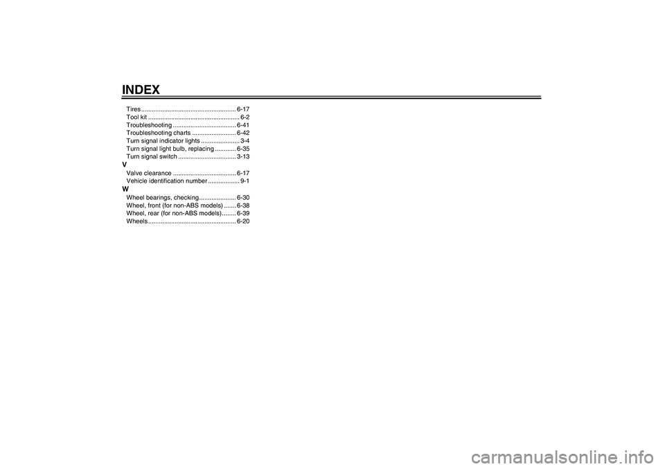 YAMAHA FZ1-N 2011  Owners Manual INDEXTires ...................................................... 6-17
Tool kit .................................................... 6-2
Troubleshooting .................................... 6-41
Troub