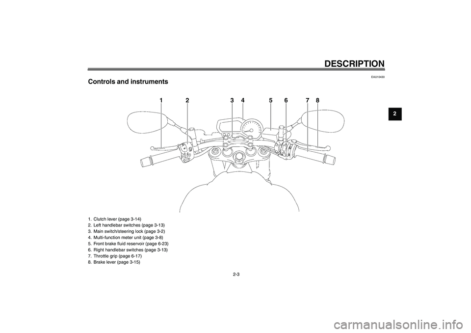 YAMAHA FZ1-N 2011 User Guide DESCRIPTION
2-3
2
EAU10430
Controls and instruments
1
2
3
4
6
5
7
8
1. Clutch lever (page 3-14)
2. Left handlebar switches (page 3-13)
3. Main switch/steering lock (page 3-2)
4. Multi-function meter u