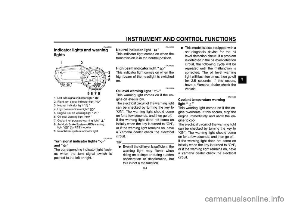 YAMAHA FZ1-N 2011  Owners Manual INSTRUMENT AND CONTROL FUNCTIONS
3-4
3
EAU49391
Indicator lights and warning 
lights 
EAU11030
Turn signal indicator lights“” 
and“” 
The corresponding indicator light flash-
es when the turn 