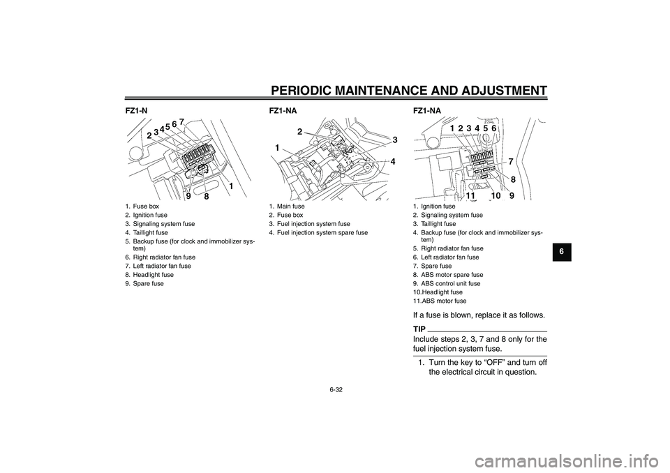 YAMAHA FZ1-N 2011 Manual Online PERIODIC MAINTENANCE AND ADJUSTMENT
6-32
6 FZ1-N FZ1-NA FZ1-NA
If a fuse is blown, replace it as follows.
TIPInclude steps 2, 3, 7 and 8 only for the
fuel injection system fuse.1. Turn the key to “O YAMAHA FZ1-N 2011 Manual Online PERIODIC MAINTENANCE AND ADJUSTMENT
6-32
6 FZ1-N FZ1-NA FZ1-NA
If a fuse is blown, replace it as follows.
TIPInclude steps 2, 3, 7 and 8 only for the
fuel injection system fuse.1. Turn the key to “O