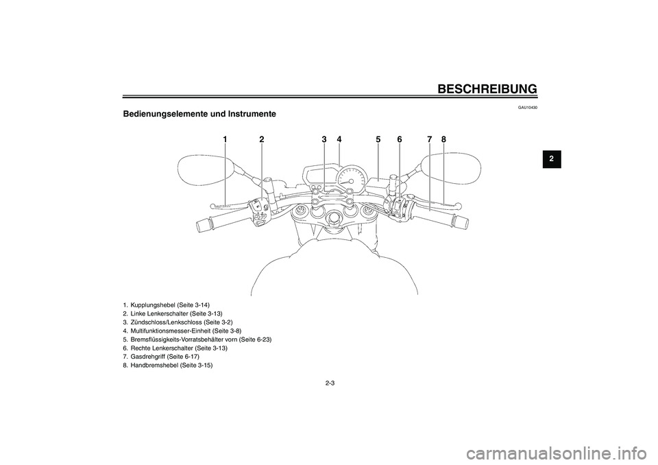 YAMAHA FZ1-N 2011  Betriebsanleitungen (in German) BESCHREIBUNG
2-3
2
GAU10430
Bedienungselemente und Instrumente
1
2
3
4
6
5
7
8
1. Kupplungshebel (Seite 3-14)
2. Linke Lenkerschalter (Seite 3-13)
3. Zündschloss/Lenkschloss (Seite 3-2)
4. Multifunkt