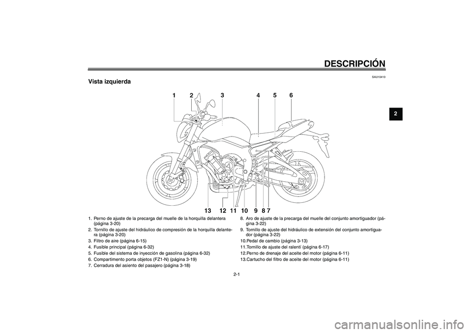 YAMAHA FZ1-N 2011  Manuale de Empleo (in Spanish) DESCRIPCIÓN
2-1
2
SAU10410
Vista izquierda1. Perno de ajuste de la precarga del muelle de la horquilla delantera 
(página 3-20)
2. Tornillo de ajuste del hidráulico de compresión de la horquilla d