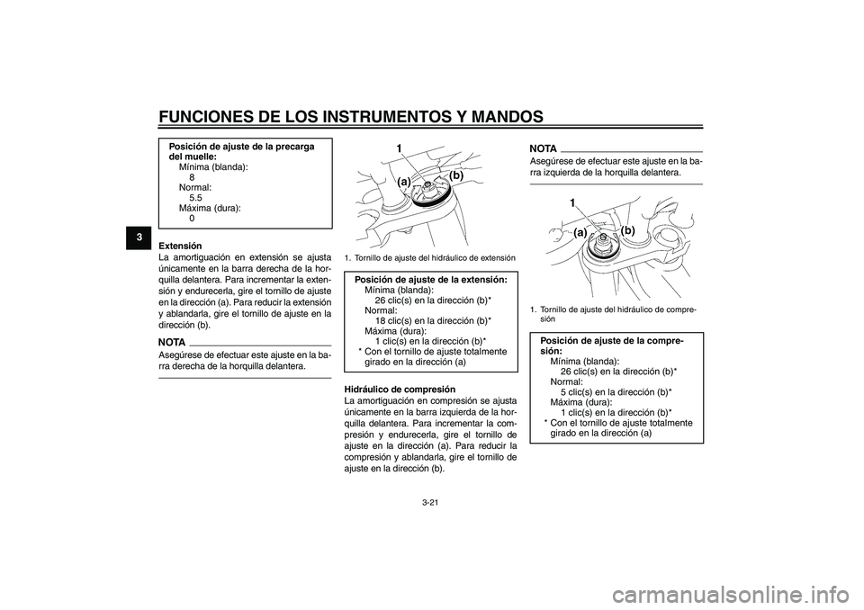 YAMAHA FZ1-N 2011  Manuale de Empleo (in Spanish) FUNCIONES DE LOS INSTRUMENTOS Y MANDOS
3-21
3
Extensión
La amortiguación en extensión se ajusta
únicamente en la barra derecha de la hor-
quilla delantera. Para incrementar la exten-
sión y endur