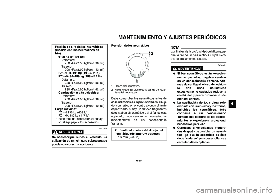 YAMAHA FZ1-N 2011 Manuale de Empleo (in Spanish) MANTENIMIENTO Y AJUSTES PERIÓDICOS
6-19
6
ADVERTENCIA
SWA10511
No sobrecargue nunca el vehículo. La
utilización de un vehículo sobrecargado
puede ocasionar un accidente.
Revisión de los neumátic YAMAHA FZ1-N 2011 Manuale de Empleo (in Spanish) MANTENIMIENTO Y AJUSTES PERIÓDICOS
6-19
6
ADVERTENCIA
SWA10511
No sobrecargue nunca el vehículo. La
utilización de un vehículo sobrecargado
puede ocasionar un accidente.
Revisión de los neumátic
