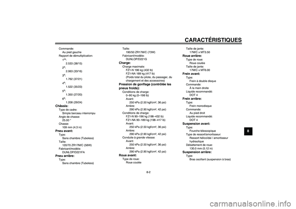 YAMAHA FZ1-N 2011 Notices Demploi (in French) CARACTÉRISTIQUES
8-2
8
Commande:
Au pied gauche
Rapport de démultiplication:
1
re:
2.533 (38/15)
2e:
2.063 (33/16)
3e:
1.762 (37/21)
4e:
1.522 (35/23)
5e:
1.350 (27/20)
6e:
1.208 (29/24)
Châssis:Ty YAMAHA FZ1-N 2011 Notices Demploi (in French) CARACTÉRISTIQUES
8-2
8
Commande:
Au pied gauche
Rapport de démultiplication:
1
re:
2.533 (38/15)
2e:
2.063 (33/16)
3e:
1.762 (37/21)
4e:
1.522 (35/23)
5e:
1.350 (27/20)
6e:
1.208 (29/24)
Châssis:Ty