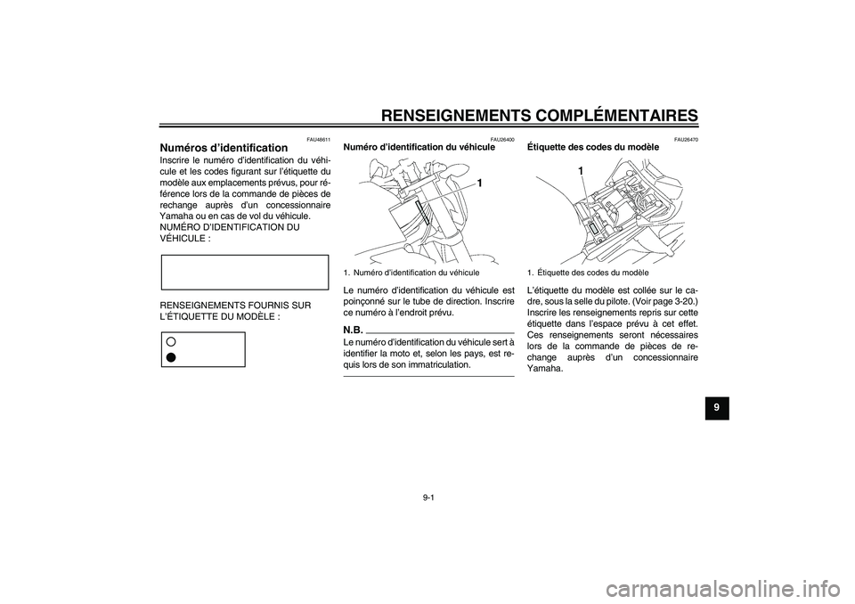 YAMAHA FZ1-N 2011 Notices Demploi (in French) RENSEIGNEMENTS COMPLÉMENTAIRES
9-1
9
FAU48611
Numéros d’identification Inscrire le numéro d’identification du véhi-
cule et les codes figurant sur l’étiquette du
modèle aux emplacements pr YAMAHA FZ1-N 2011 Notices Demploi (in French) RENSEIGNEMENTS COMPLÉMENTAIRES
9-1
9
FAU48611
Numéros d’identification Inscrire le numéro d’identification du véhi-
cule et les codes figurant sur l’étiquette du
modèle aux emplacements pr
