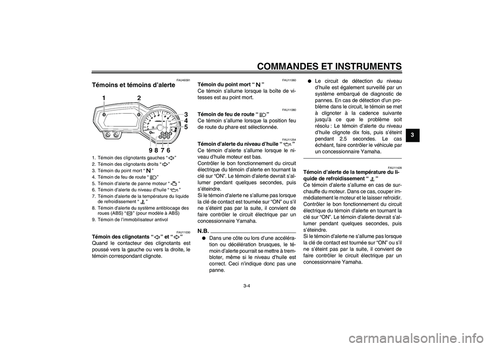 YAMAHA FZ1-N 2011  Notices Demploi (in French) COMMANDES ET INSTRUMENTS
3-4
3
FAU49391
Témoins et témoins d’alerte 
FAU11030
Témoin des clignotants“” et“” 
Quand le contacteur des clignotants est
poussé vers la gauche ou vers la droi
