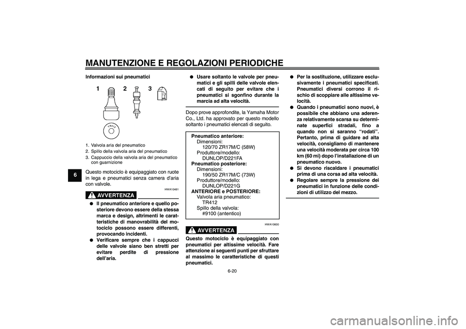 YAMAHA FZ1-N 2011  Manuale duso (in Italian) MANUTENZIONE E REGOLAZIONI PERIODICHE
6-20
6
Informazioni sui pneumatici
Questo motociclo è equipaggiato con ruote
in lega e pneumatici senza camera d’aria
con valvole.
AVVERTENZA
HWA10481

Il pne