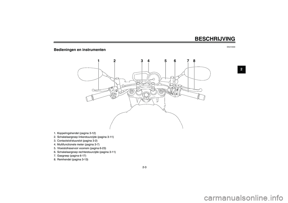 YAMAHA FZ1-N 2011  Instructieboekje (in Dutch) BESCHRIJVING
2-3
2
DAU10430
Bedieningen en instrumenten
1
2
3
4
6
5
7
8
1. Koppelingshendel (pagina 3-12)
2. Schakelaargroep linkerstuurzijde (pagina 3-11)
3. Contactslot/stuurslot (pagina 3-2)
4. Mul