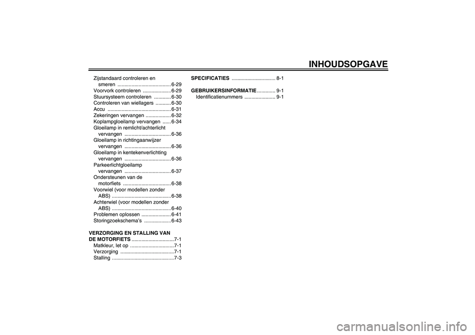 YAMAHA FZ1-N 2011  Instructieboekje (in Dutch) INHOUDSOPGAVE
Zijstandaard controleren en 
smeren ...................................... 6-29
Voorvork controleren  .................... 6-29
Stuursysteem controleren  ............ 6-30
Controleren va