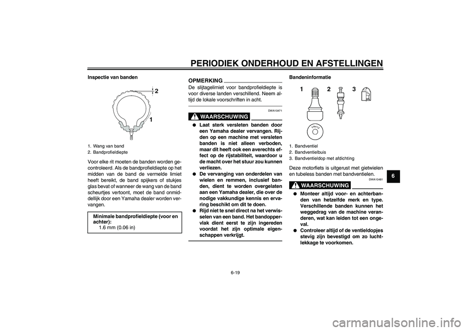 YAMAHA FZ1-N 2011  Instructieboekje (in Dutch) PERIODIEK ONDERHOUD EN AFSTELLINGEN
6-19
6
Inspectie van banden
Voor elke rit moeten de banden worden ge-
controleerd. Als de bandprofieldiepte op het
midden van de band de vermelde limiet
heeft berei