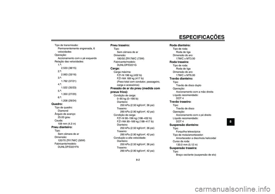 YAMAHA FZ1-N 2011 Manual de utilização (in Portuguese) ESPECIFICAÇÕES
8-2
8
Tipo de transmissão:
Permanentemente engrenada, 6
velocidades
Operação:
Accionamento com o pé esquerdo
Relação das velocidades:
1.ª:
2.533 (38/15)
2.ª:
2.063 (33/16)
3. YAMAHA FZ1-N 2011 Manual de utilização (in Portuguese) ESPECIFICAÇÕES
8-2
8
Tipo de transmissão:
Permanentemente engrenada, 6
velocidades
Operação:
Accionamento com o pé esquerdo
Relação das velocidades:
1.ª:
2.533 (38/15)
2.ª:
2.063 (33/16)
3.