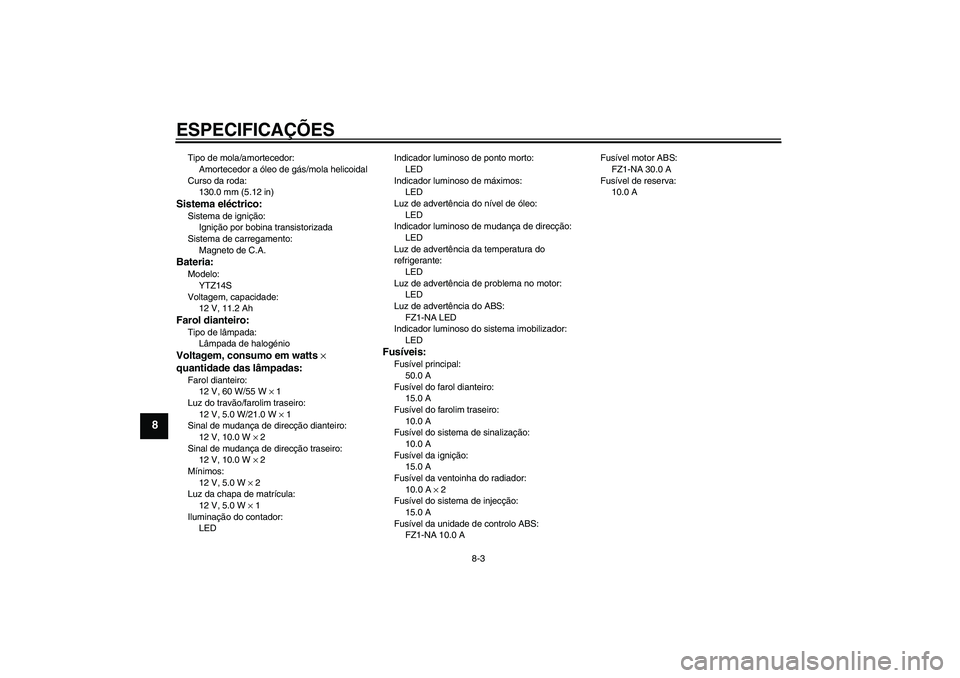 YAMAHA FZ1-N 2011 Manual de utilização (in Portuguese) ESPECIFICAÇÕES
8-3
8
Tipo de mola/amortecedor:
Amortecedor a óleo de gás/mola helicoidal
Curso da roda:
130.0 mm (5.12 in)Sistema eléctrico:Sistema de ignição:
Ignição por bobina transistoriz YAMAHA FZ1-N 2011 Manual de utilização (in Portuguese) ESPECIFICAÇÕES
8-3
8
Tipo de mola/amortecedor:
Amortecedor a óleo de gás/mola helicoidal
Curso da roda:
130.0 mm (5.12 in)Sistema eléctrico:Sistema de ignição:
Ignição por bobina transistoriz