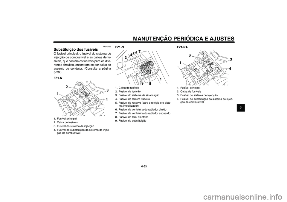 YAMAHA FZ1-N 2011 Manual de utilização (in Portuguese) MANUTENÇÃO PERIÓDICA E AJUSTES
6-33
6
PAU43133
Substituição dos fusíveis O fusível principal, o fusível do sistema de
injecção de combustível e as caixas de fu-
síveis, que contêm os fus YAMAHA FZ1-N 2011 Manual de utilização (in Portuguese) MANUTENÇÃO PERIÓDICA E AJUSTES
6-33
6
PAU43133
Substituição dos fusíveis O fusível principal, o fusível do sistema de
injecção de combustível e as caixas de fu-
síveis, que contêm os fus