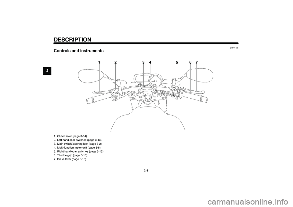 YAMAHA FZ1-N 2010 User Guide DESCRIPTION
2-3
2
EAU10430
Controls and instruments
1
2
3
4
5
6
7
1. Clutch lever (page 3-14)
2. Left handlebar switches (page 3-13)
3. Main switch/steering lock (page 3-2)
4. Multi-function meter uni
