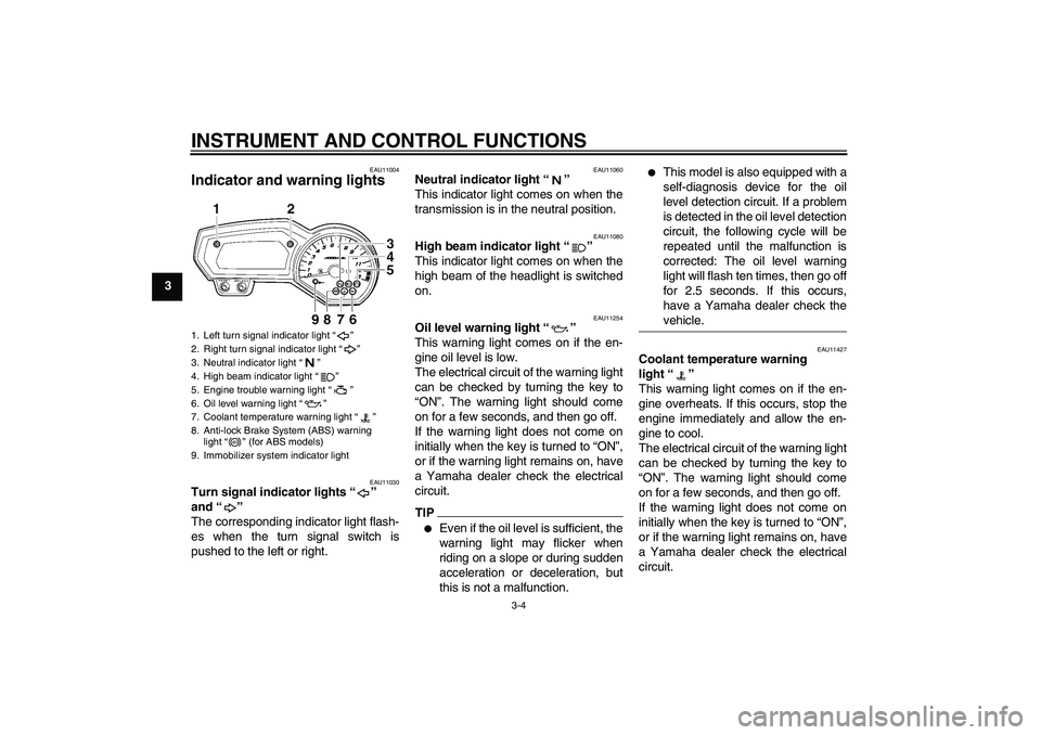 YAMAHA FZ1-N 2010  Owners Manual INSTRUMENT AND CONTROL FUNCTIONS
3-4
3
EAU11004
Indicator and warning lights 
EAU11030
Turn signal indicator lights“” 
and“” 
The corresponding indicator light flash-
es when the turn signal s