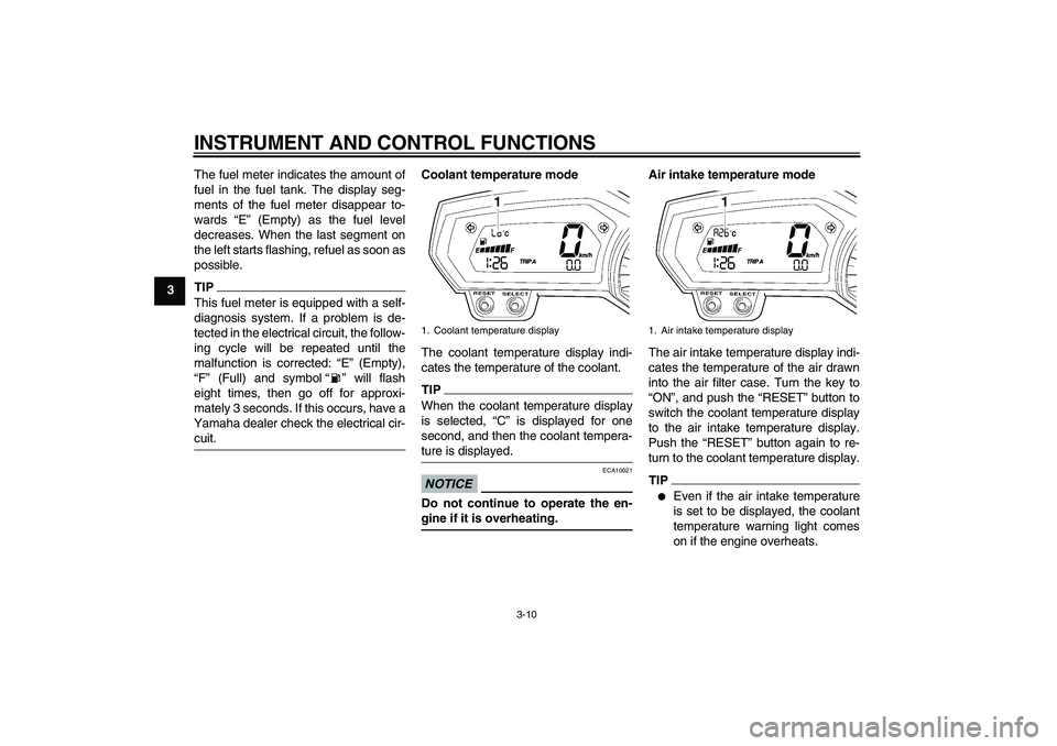 YAMAHA FZ1-N 2010 Owners Manual INSTRUMENT AND CONTROL FUNCTIONS
3-10
3The fuel meter indicates the amount of
fuel in the fuel tank. The display seg-
ments of the fuel meter disappear to-
wards “E” (Empty) as the fuel level
decr