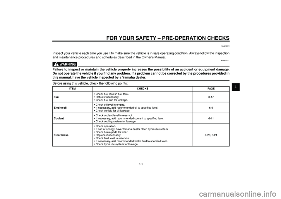 YAMAHA FZ1-N 2010  Owners Manual FOR YOUR SAFETY – PRE-OPERATION CHECKS
4-1
4
EAU15596
Inspect your vehicle each time you use it to make sure the vehicle is in safe operating condition. Always follow the inspection
and maintenance 