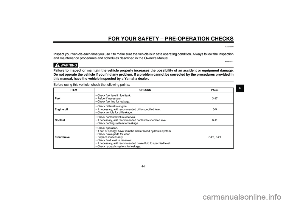 YAMAHA FZ1-N 2010 Service Manual FOR YOUR SAFETY – PRE-OPERATION CHECKS
4-1
4
EAU15596
Inspect your vehicle each time you use it to make sure the vehicle is in safe operating condition. Always follow the inspection
and maintenance 